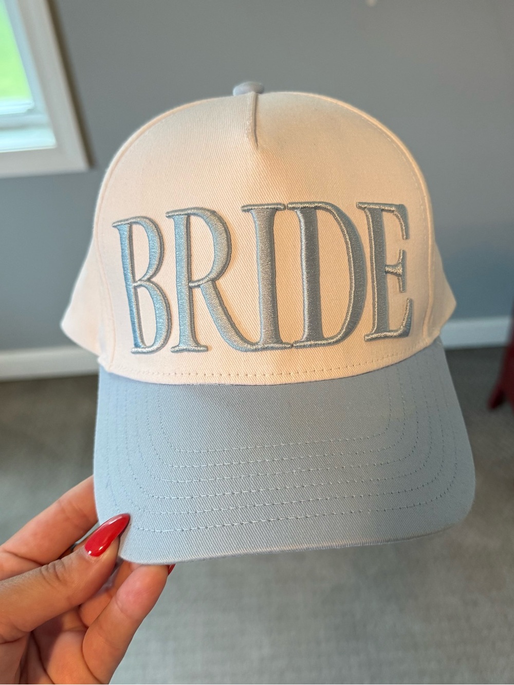 BRIDE Embroidered Baseball Cap in White and Light Blue